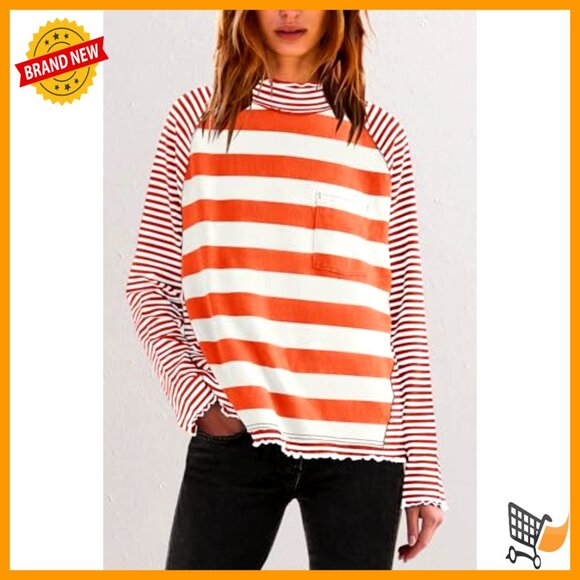 Long Sleeve Striped Turtleneck Tunic Top Raglan Sleeve Loose Fit Pullover - Picture 3 of 7